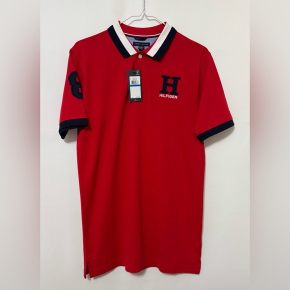 Tommy Hilfiger Boy’s Pique Polo Shirt Regal Red Stripe Collar Logo Size XL NWT - Picture 1 of 10